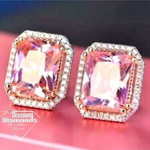 Natural Pink Topex Stud Earrings Surrounded by White Topaz on 925 Silver